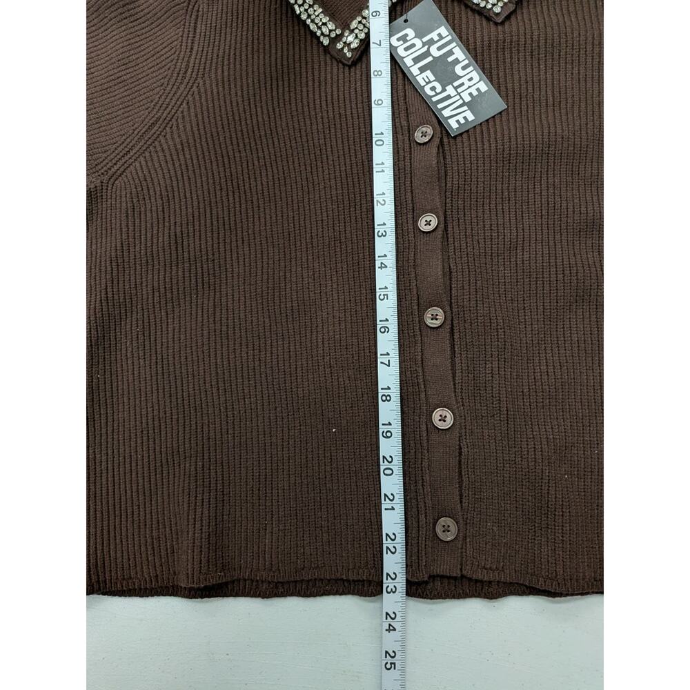 Future Collective Brown Ribbed Cardigan Rhinestone Collar Button Up NWT - Picture 4 of 7